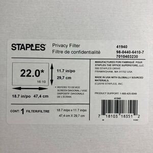 Staples Privacy Filter for 22” Widescreen Monitor 16:10 11.7”x18.7” (41940)